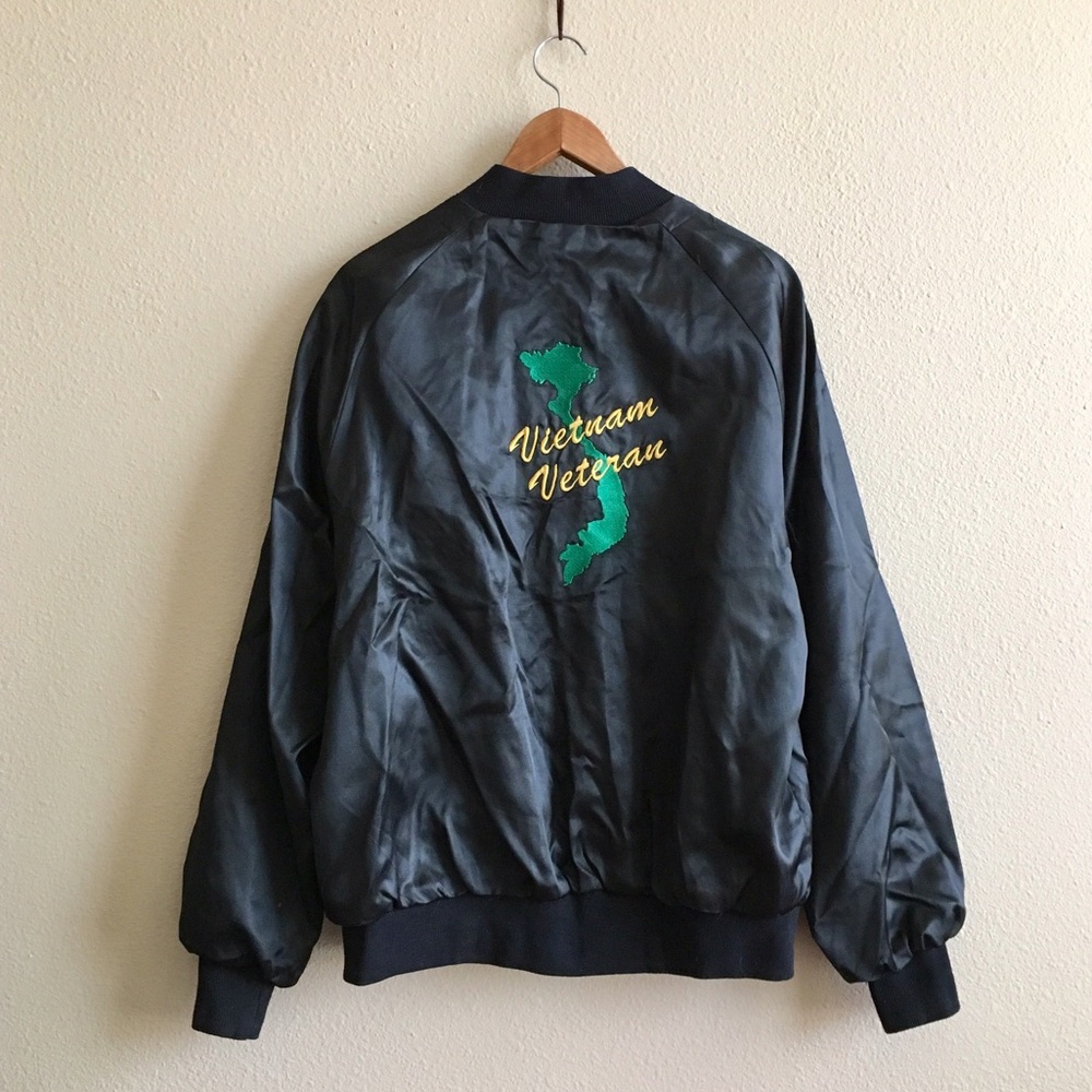 Vintage Black Satin Vietnam Veteran Embroidered Jacket